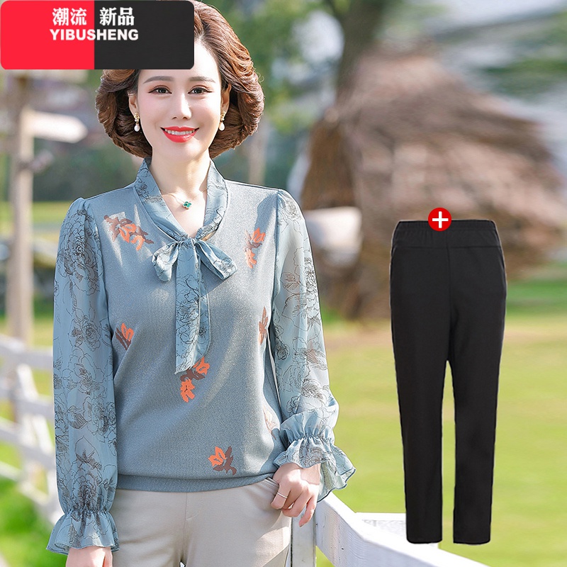 伊布苼全棉短裤睡衣士中老年妈妈纯棉家居服套装 蓝色+裤子 2XL