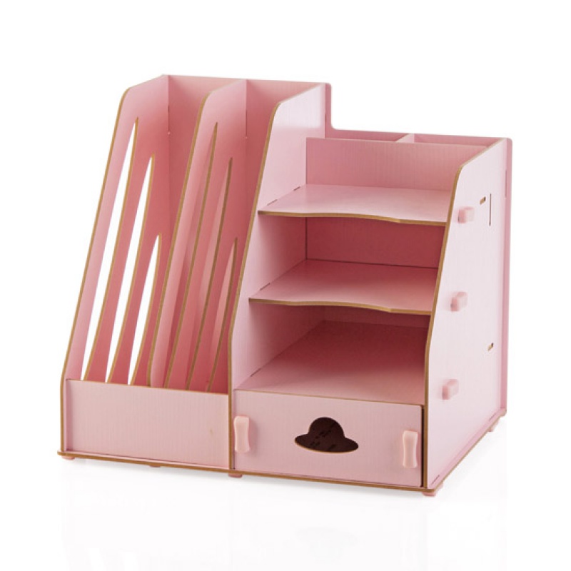 办公室桌面文具文件收纳盒 抽屉式化妆品置物架木质化妆盒 粉红