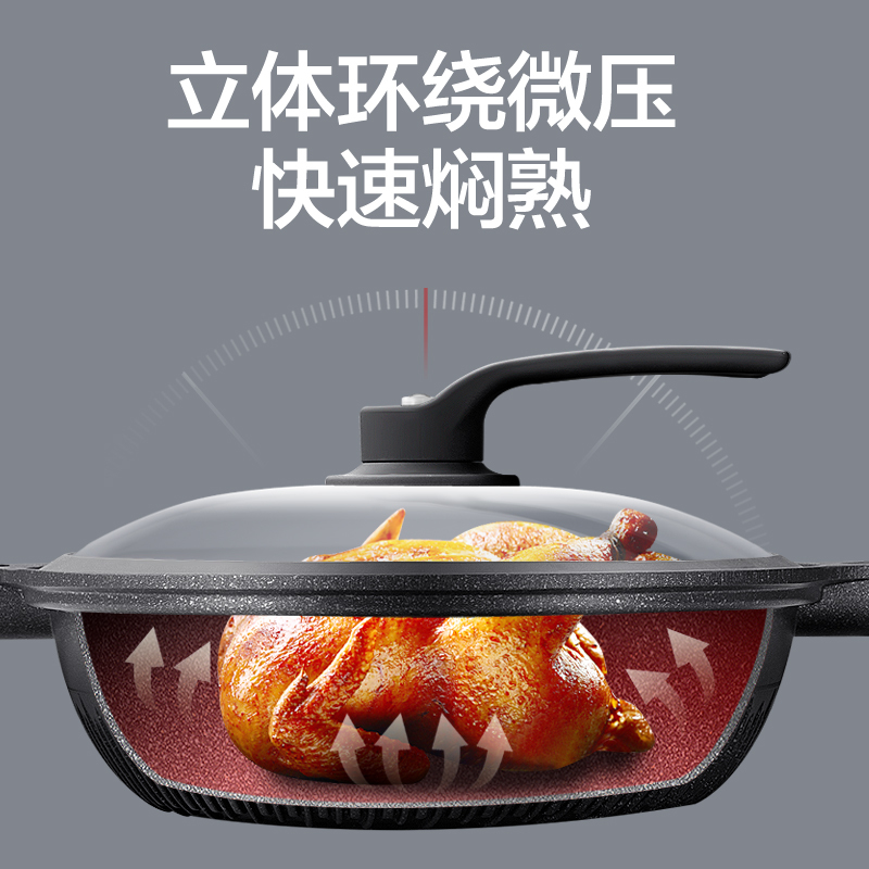 新丰腾麦饭石不粘锅炒锅无油烟平底锅炒菜锅家用多功能电磁炉燃气灶适用F1001炒锅32cm抗菌微压款(黑色双盖)+豪华蒸笼