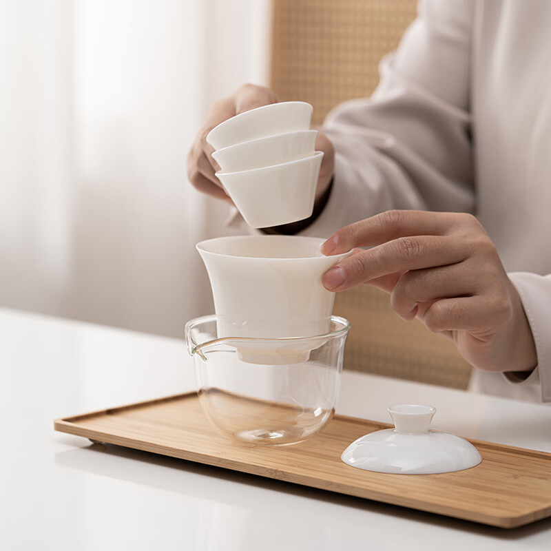 苏氏陶瓷(SUSHI CERAMICS) J0795 羊脂玉瓷快客杯(盖碗品茗杯公道杯) 五件套 (单位:套)高清大图
