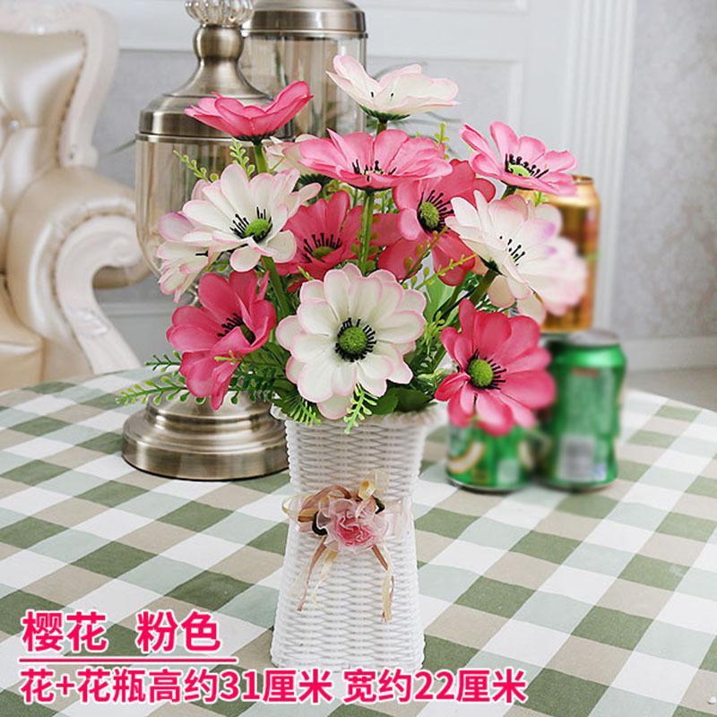 假花小盆栽套装饰品摆件卧室内家居摆设客厅塑料干花束仿真盆景-粉樱花+塑料方筐