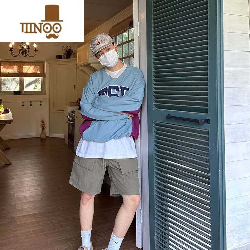 YANXUCGGA美式复古撞色薄款卫衣男女V领运动球衣套头长袖潮牌宽松上衣