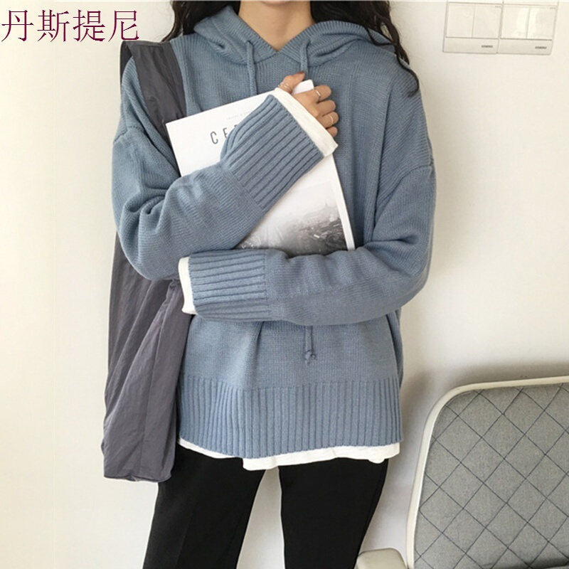 毛衣外套女2018秋装韩版百搭复古宽松显瘦长袖连帽针织衫上衣 卡其色 均码