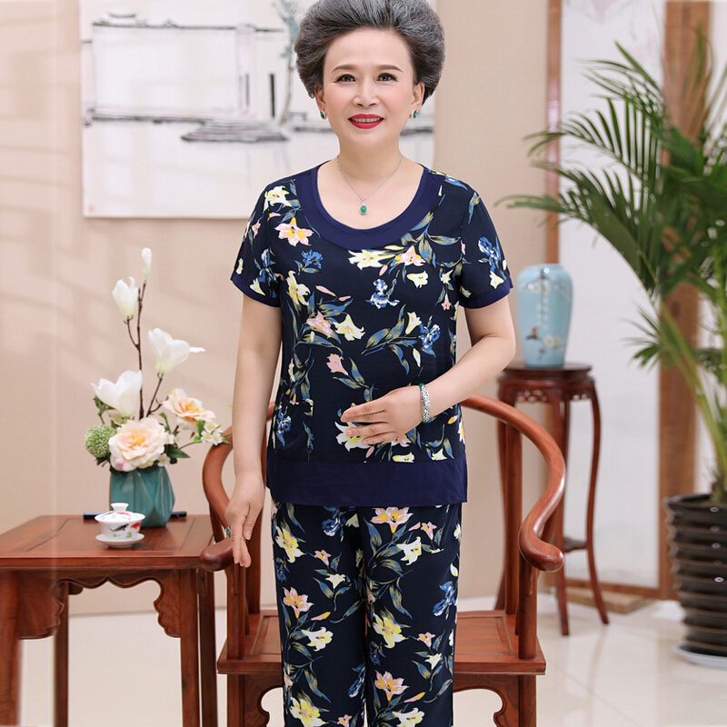 中老年人夏装套装女装60-70-80岁妈妈装T恤棉绸奶奶装短袖两件套