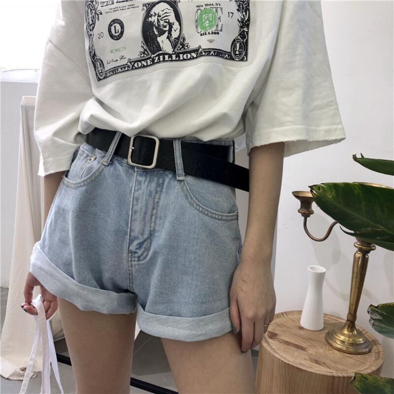 高腰修身卷边短裤女夏简约基础百搭牛仔裤配腰带蓝色