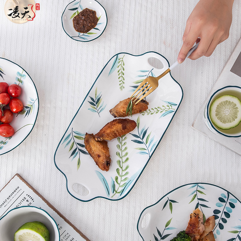 凌天 景德镇北欧绿荫小清新陶瓷四人食餐具家用套装餐盘菜盘汤盘泡面碗马克杯碗盘套装高清大图