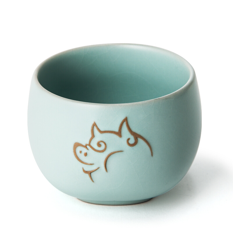 东道 汝窑猪年生肖创意陶瓷茶杯个人主人杯 冰裂釉 汝窑茶杯不倒杯 猪年生肖杯-天青色