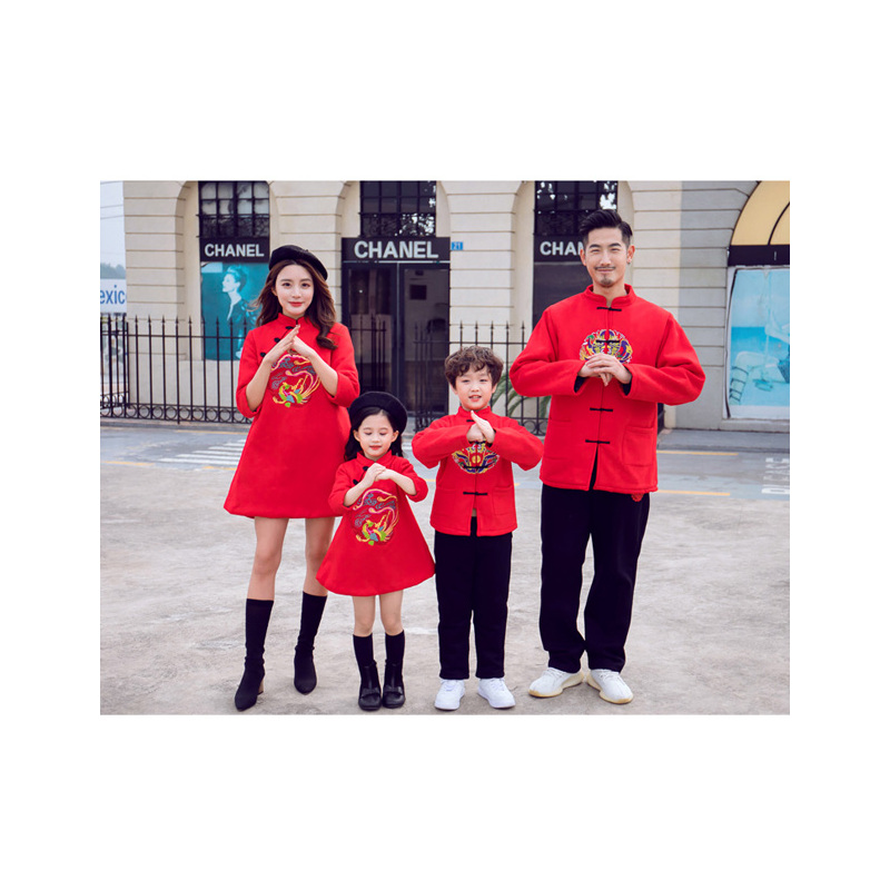 yuebin新年中国风亲子装唐装拜年汉服一家三口四口母子母女装秋冬套装