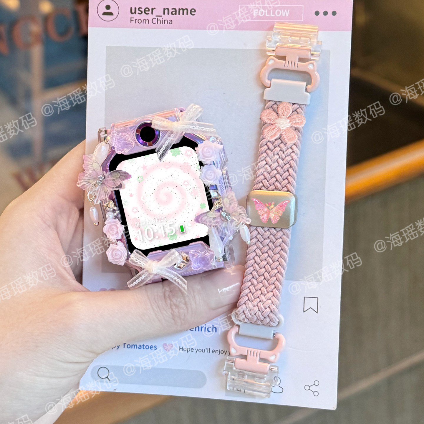 蝴蝶猫耳适用于小天才手表表带z11/z10/z9编织z8/z7保护套z6pro/d3儿童磁吸透气腕带配件秋冬款3139g 粉套 9