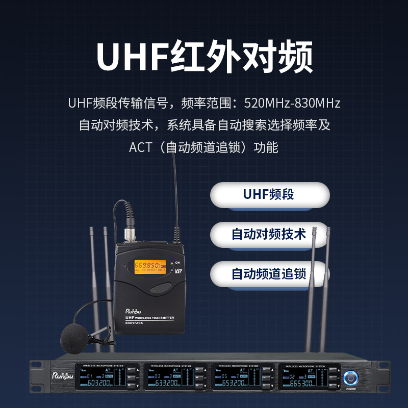 润普Runpu会议音频扩声系统 专业无线一拖四领夹麦克风话筒 UHF红外对频RP-SU34L高清大图