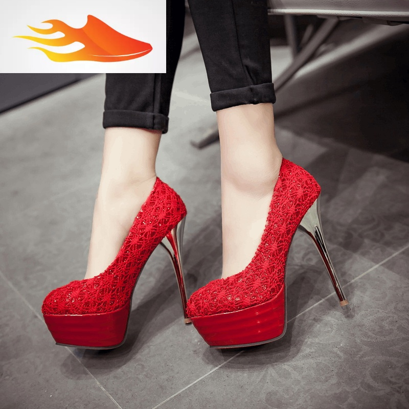 fish basket冬季女鞋红色结婚鞋中式婚礼红鞋性感恨天高新娘鞋细跟超