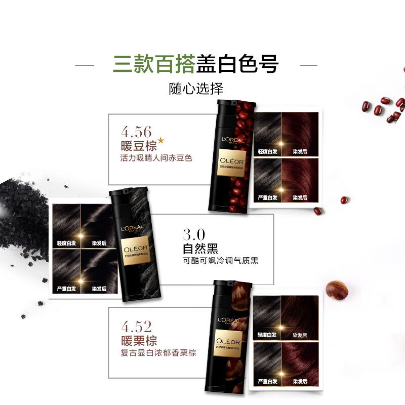 巴黎欧莱雅臻萃轻松染发乳 3.0自然黑(无氨水遮盖白发 植萃染发剂染发膏 一按即染轻松简单 分次使用方便补染)