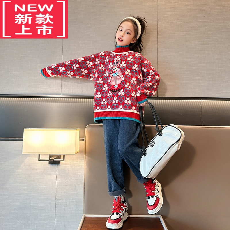可莉允女大童秋冬款加绒加厚毛衣洋气半高领2022新款冬季儿童针织打底衫