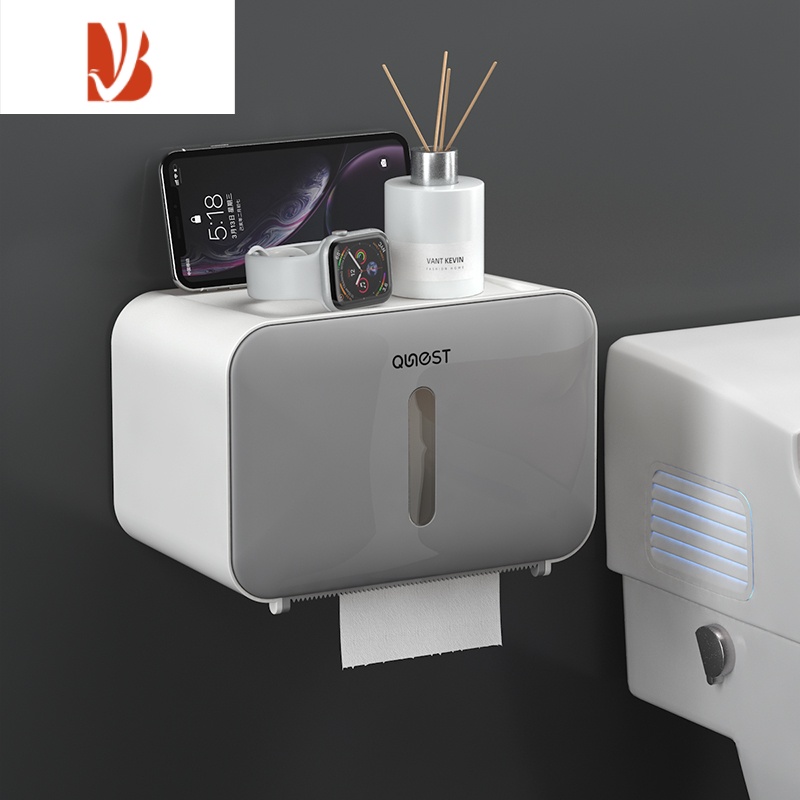 三维工匠高端纸巾盒厕所防水免打孔卫生间卷纸盒轻奢壁挂式大号不卡厕纸盒 趣巢[百搭灰]带轴通用纸巾盒