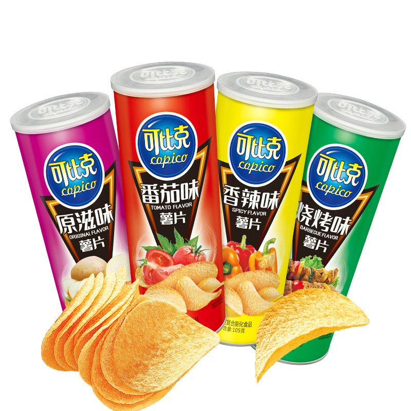 可比克薯片105g*3罐 原味番茄烧烤香辣味休闲膨化小食零食品批发