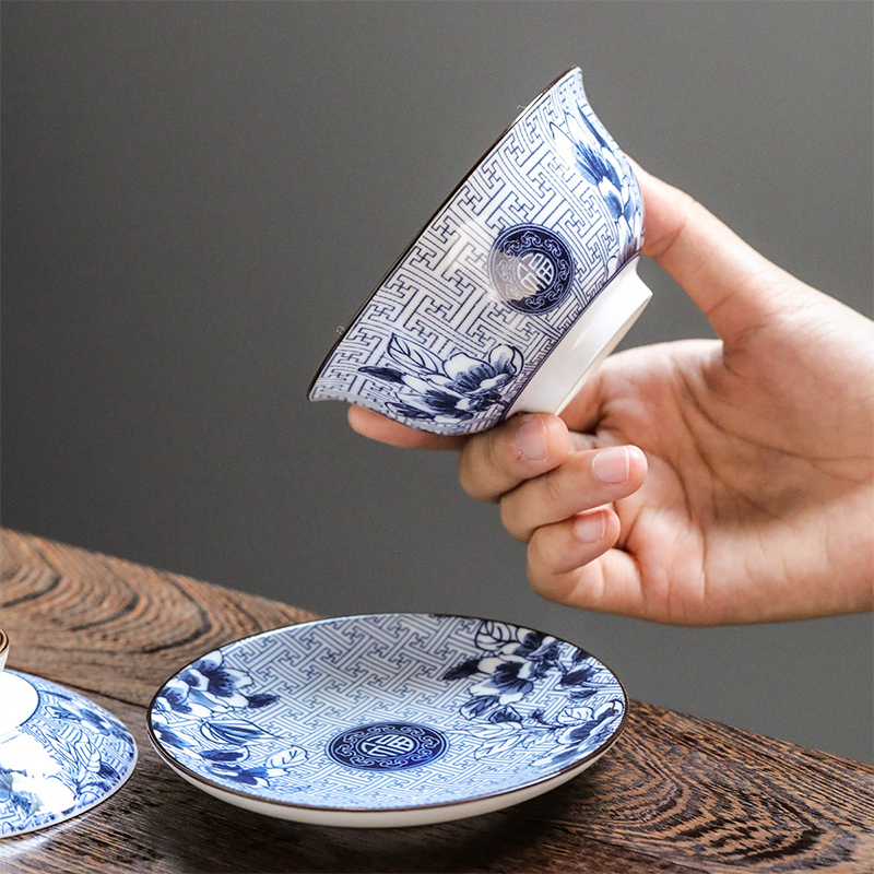 領藝 青花盖碗茶杯大号家用陶瓷三才泡茶碗功夫景德镇风格茶具 万福盖碗