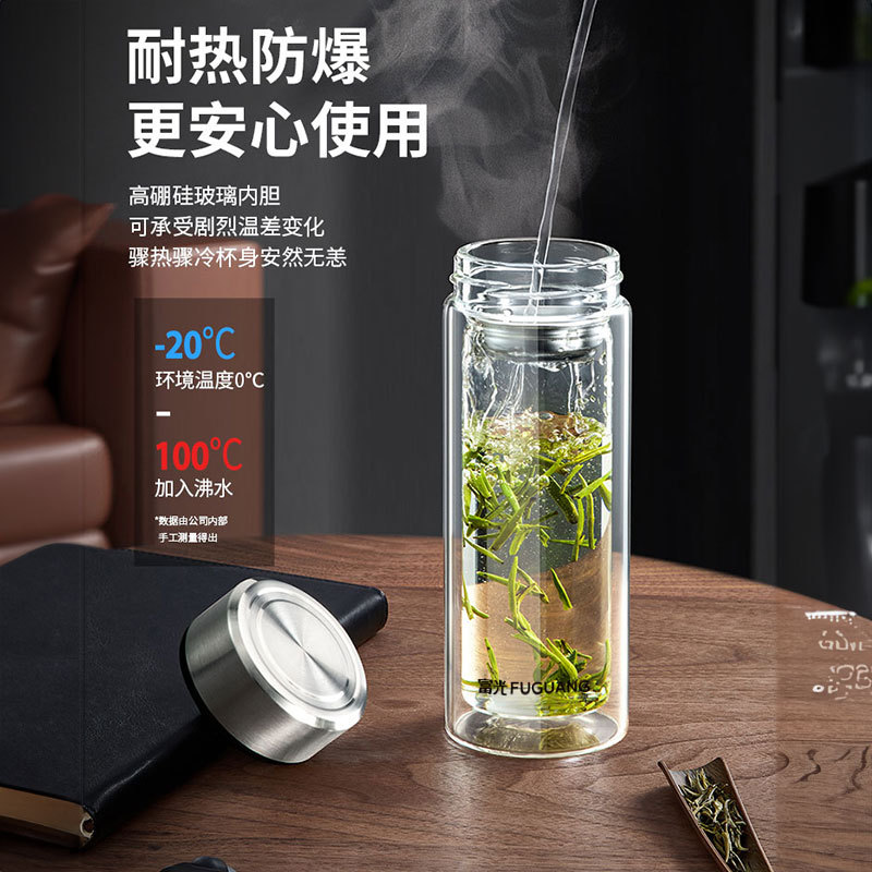 富光双层玻璃杯男士茶杯商务水杯高硼硅耐高温杯子 380ml本色 可定制高清大图