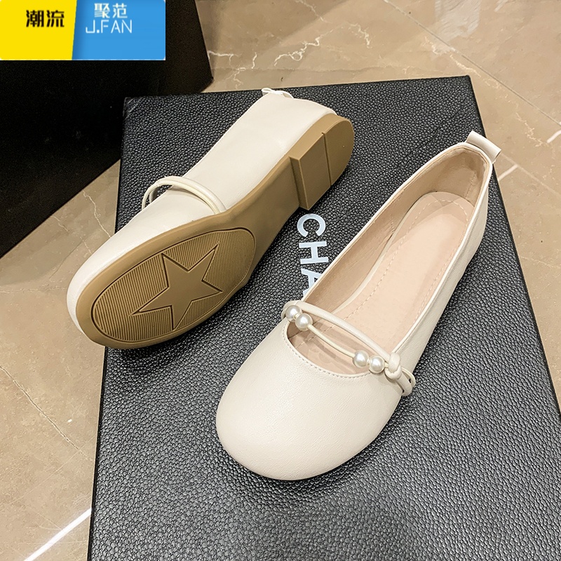 聚范仙女鞋温柔单鞋女夏季2024新款平底百搭配裙子晚晚鞋一脚蹬豆豆鞋 米白色 35