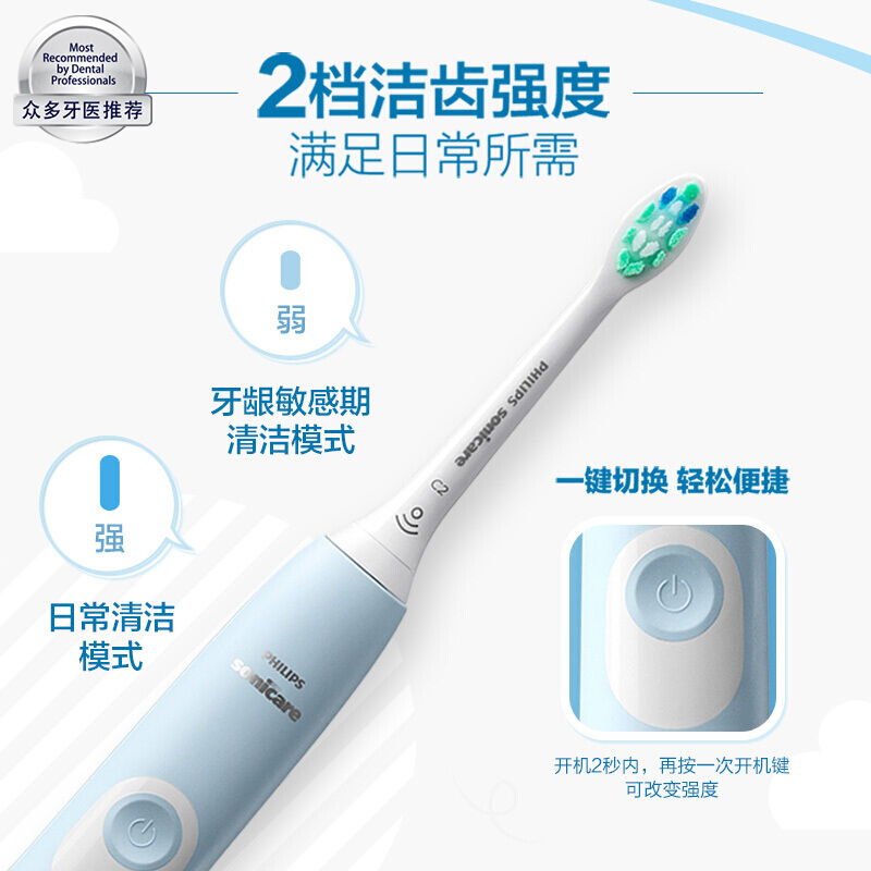 飞利浦(Philips)电动牙刷 净齿呵护型 成人声波震动牙刷 2种洁齿强度可选 力度感应 浅蓝色 HX6803/02