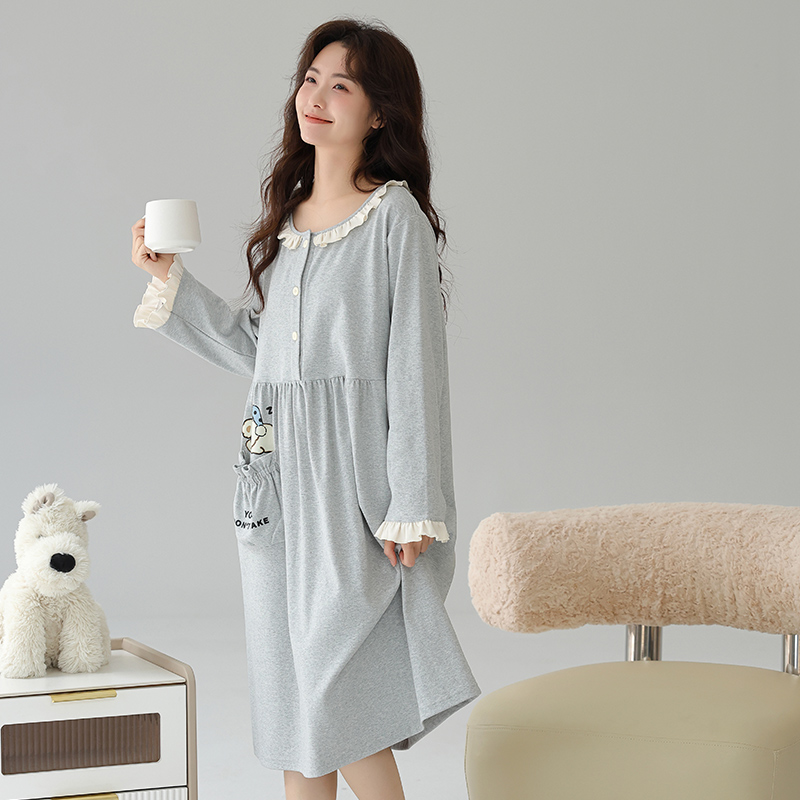 猫人孕妇待产裙春夏季睡衣女纯棉月子服中长款睡裙哺乳带胸垫家居服高清大图