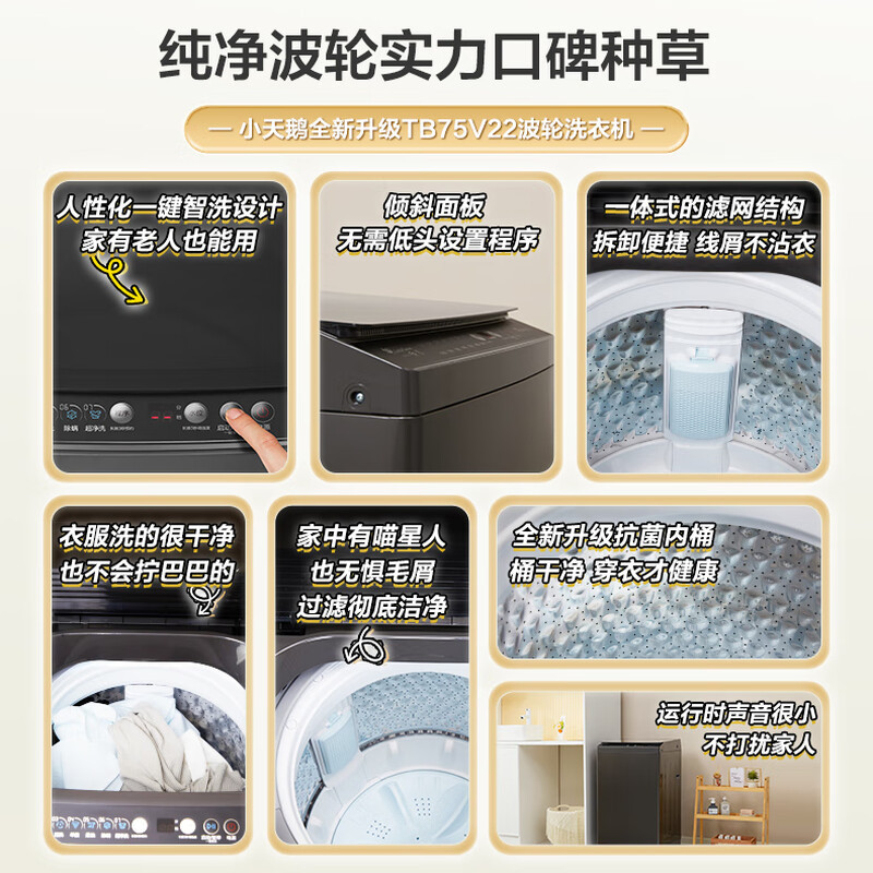 [官方正品]小天鹅波轮洗衣机全自动 7.5公斤 深层净洗一键智洗抗菌除螨 宿舍租房神器免清洗一级能效TB75V22