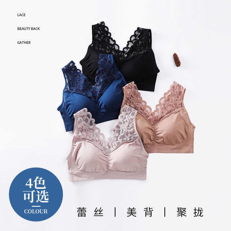 中老年人蕾丝性感内衣女无钢圈美背妈妈文胸聚拢防下垂大码胸罩薄 卡其 M码[80-100斤]