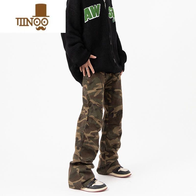 YANXU美式高街vibe做旧迷彩休闲牛仔裤男ins潮牌宽松直筒微喇工装长裤图片