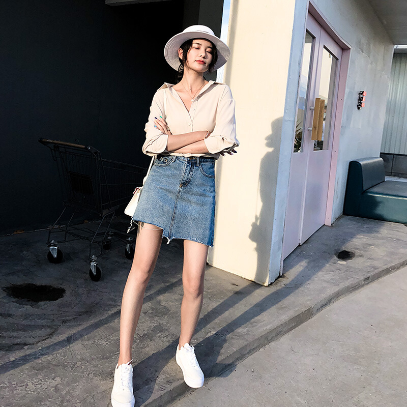 超火牛仔短裙女2018新款韩版高腰包臀裙不规则a字半身裙夏蓝色