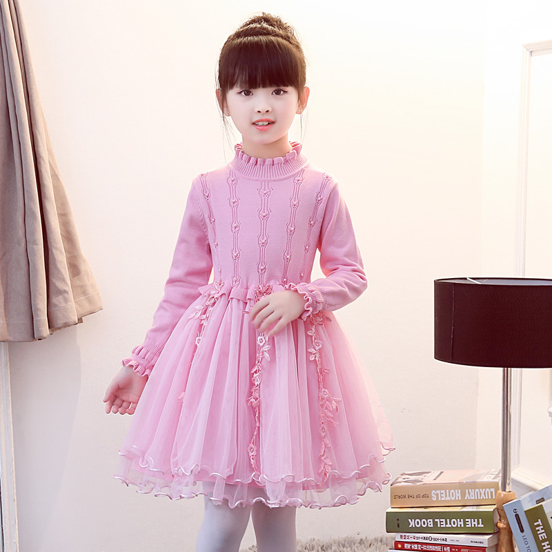 yuebin秋装女童连衣裙加绒毛衣洋气儿童公主裙中大童冬季加厚裙子秋冬