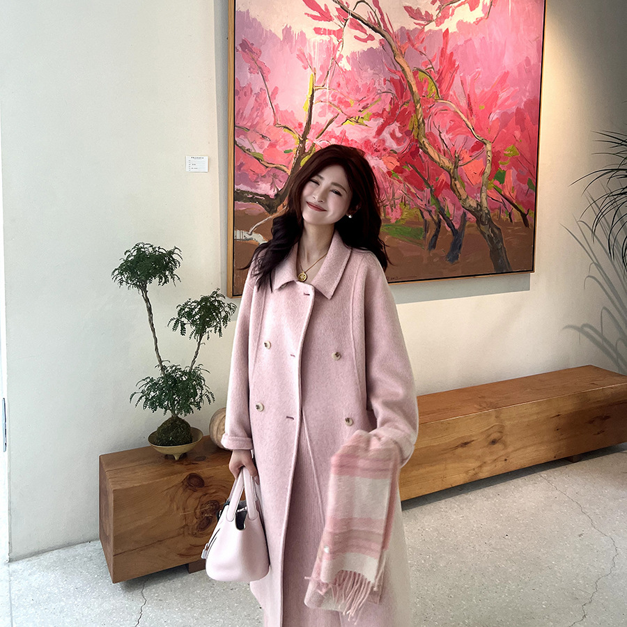 伊迪卡双面羊毛大衣长款娃娃领时尚气质百搭高贵韩系慵懒秋冬新款 S 西柚粉