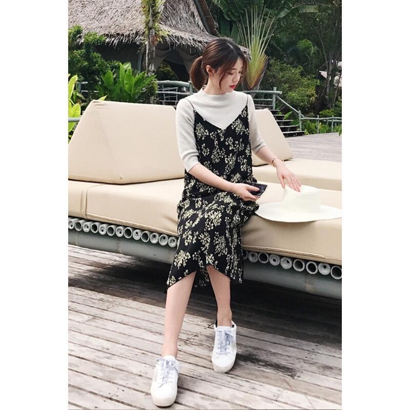 碎花外搭雪纺带裙女韩版学生小清新无袖背心中长裙潮黑色