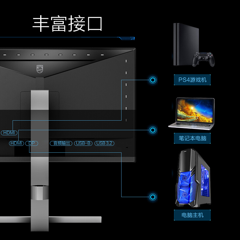 飞利浦(Philips) 278M1R/93 27英寸 4K HDR 广色域 DTS音效 升降底座 流光溢彩 电竞显示器