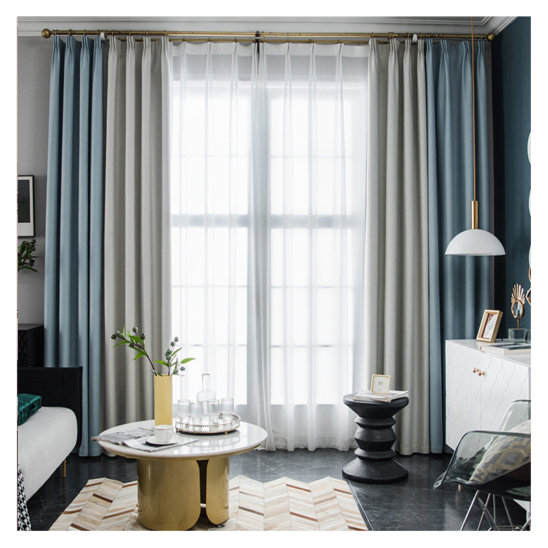 幸福派 轻奢遮光窗帘北欧简约现代挂钩窗帘打孔窗帘飘窗客厅帘子遮阳布拼色儿童房窗帘轻奢卧室挂钩纯色窗帘 人字纯色-淡蓝色 【韩式款】定制每米价格