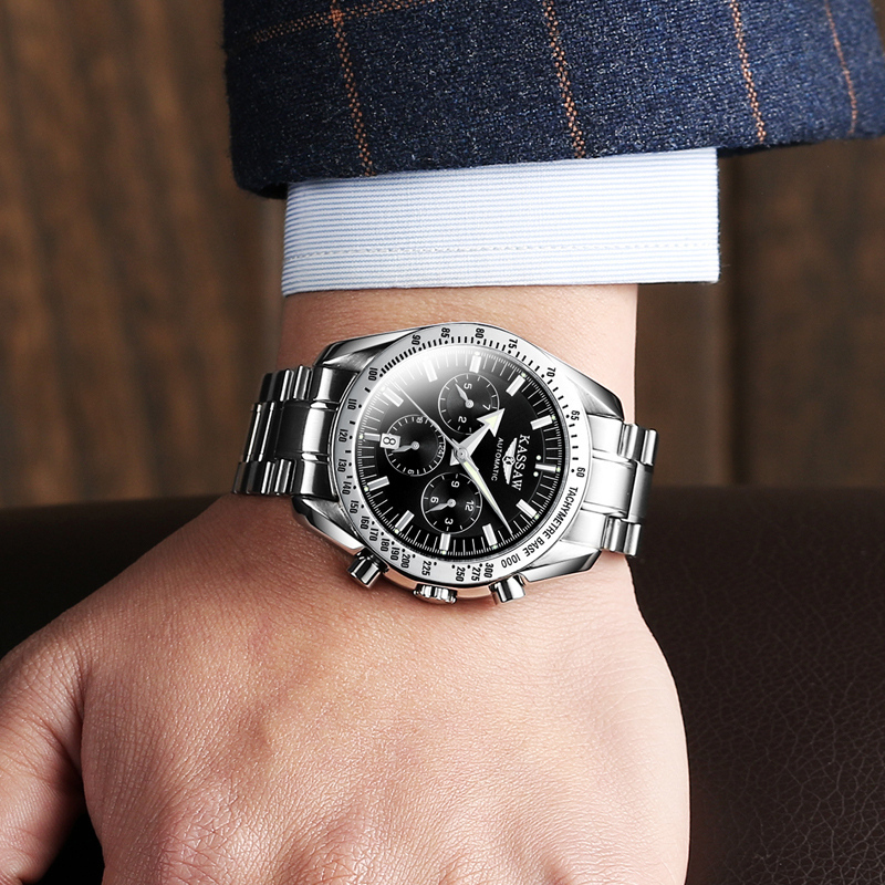 卡梭kassaw手表男士自动机械表时尚多功能运动钢带男表防水夜光大表盘