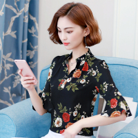 短袖雪纺衫女2018春夏遮肚子显瘦上衣喇叭袖衬衫宽松碎花小衫