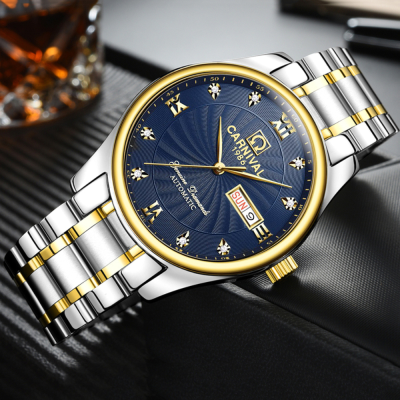 瑞士嘉年华Carnival正品新款手表全自动机械表 男表休闲时尚镶钻间金双日历手表男士防水金属腕表男士表8671高清大图