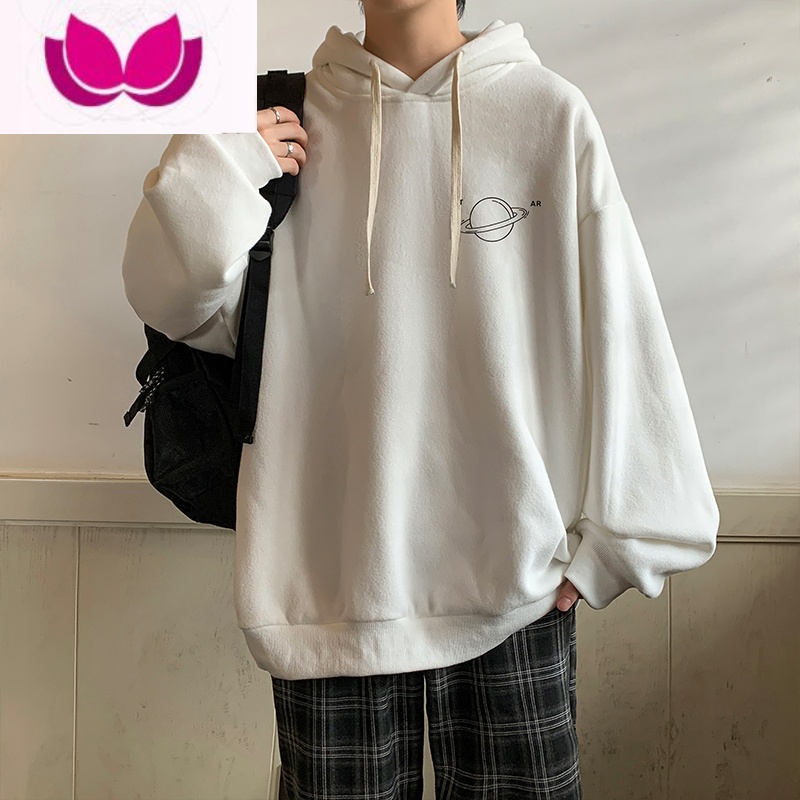 七斓400g连帽卫衣男潮ins慵懒风外套大码青少年s七套年 M 米白色