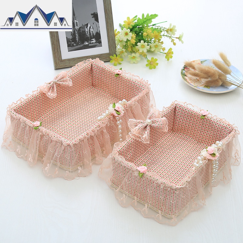 2019田园蕾丝化妆品桌面饰物收纳篮藤编收纳篮布艺摇控篮 三维工匠 珠花桔格套篮【一大一小】