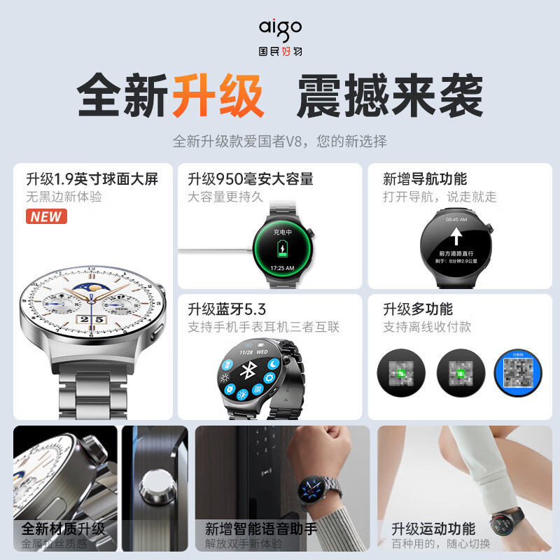 爱国者(aigo)V8智能手表(棕色表带)1.9英寸(单位:个)银色