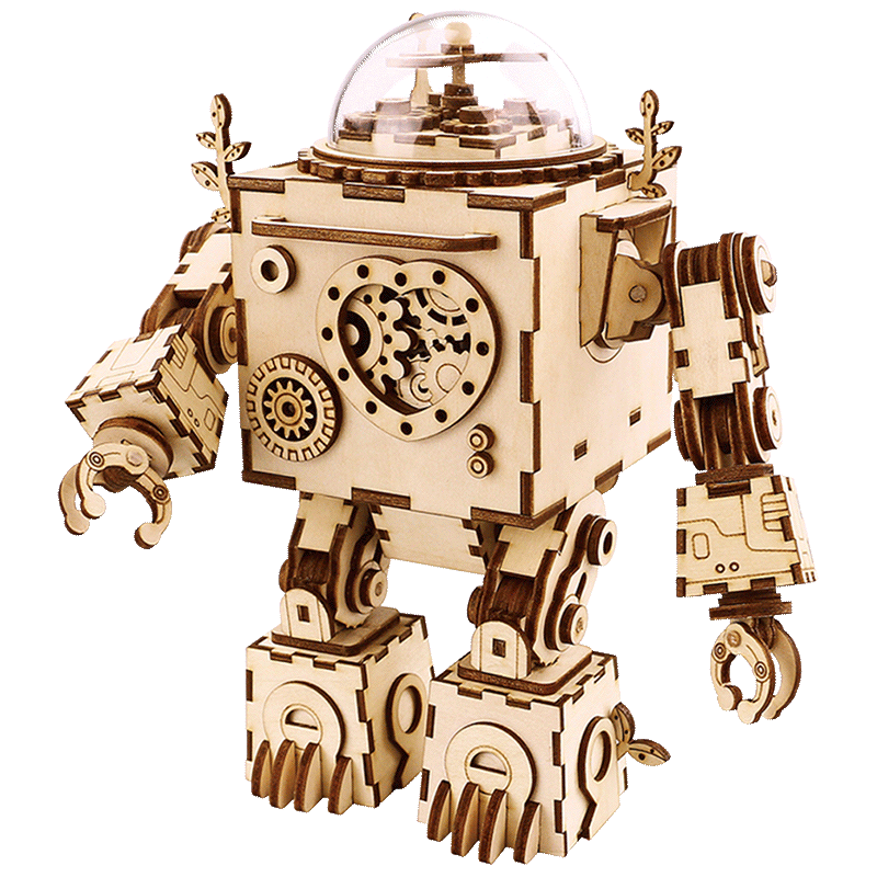 若态原创木制3d立体拼图机器人八音盒音乐盒创意摆件生日玩具木色款a