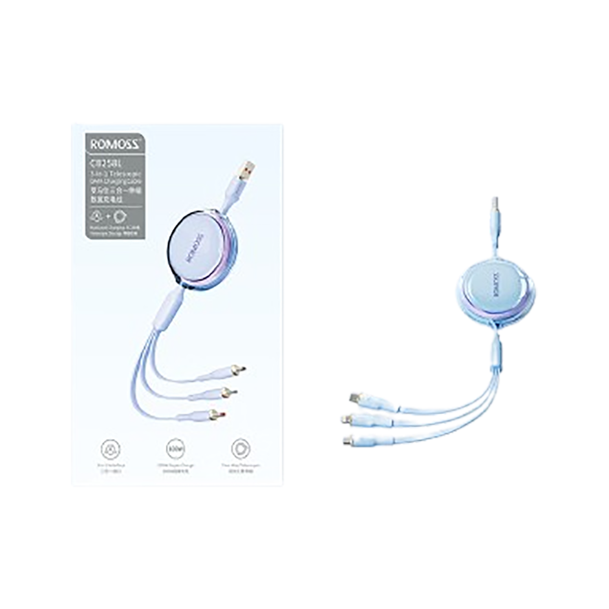 罗马仕充电线三合一数据线6A快充100W 适用于苹果iPhone/华为安卓Typec手机车载充电线伸缩多功能蓝色