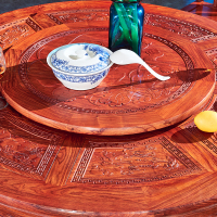 周家庄 红木家具非洲花梨（学名：刺猬紫檀）餐桌实木餐桌 转盘餐台 中式餐厅象头圆餐桌椅组合 1.18米【不带转盘】+6椅