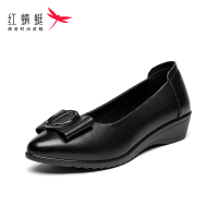 红蜻蜓坡跟女鞋2023春季新款牛皮套脚单鞋坡跟软皮软底舒适中老年妈妈鞋