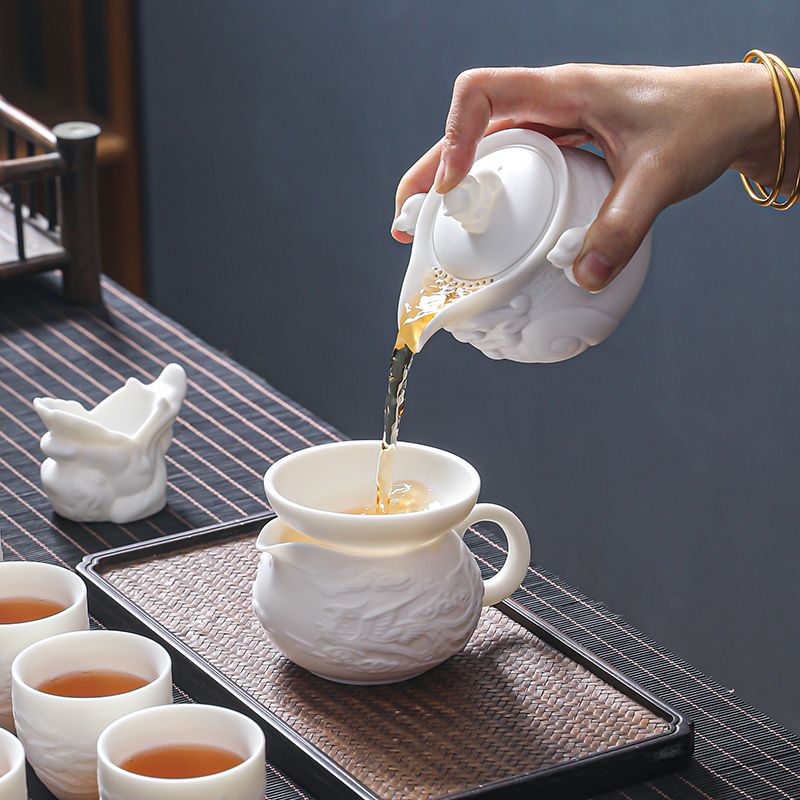 MULTIPOTENT整套功夫茶具羊脂玉中国白国潮浮雕手抓龙壶一壶6杯套装礼盒高清大图