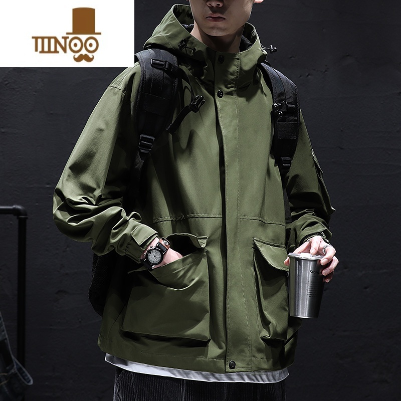 YANXU冲锋衣男防风外套男士风衣休闲户外连帽潮牌宽松纯色防水夹潮高清大图