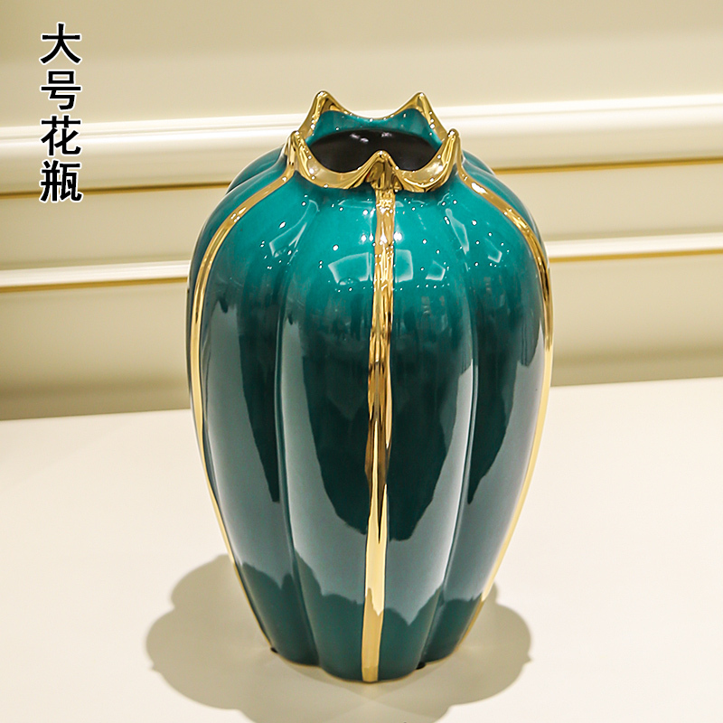 现代轻奢陶瓷花瓶摆件客厅仿真花插花干花餐桌电视柜家居软装饰品 三维工匠 绿海泥裳-大号