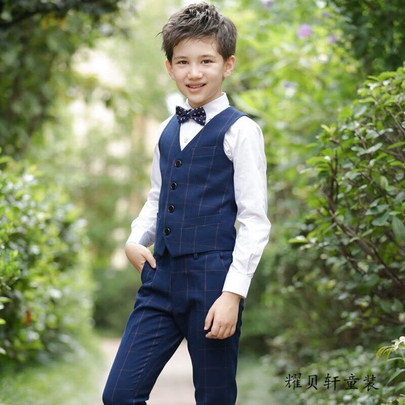 迪鲁奥(DILUAO)男童礼服马甲男孩套装花童主持人儿童马夹西装表演大童钢琴演出服 藏青格子马甲四件套图片