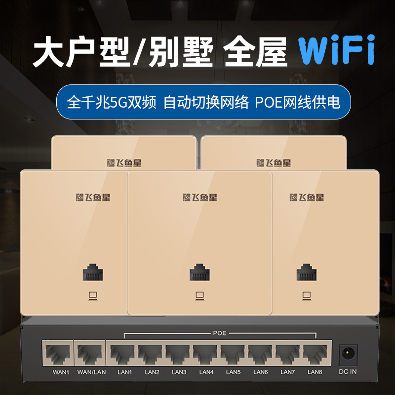 飞鱼星 1200M千兆智能组网面板AP套装 分布式WiFi路由 复式别墅无线覆盖(千兆AC+千兆面板AP*5)香槟金