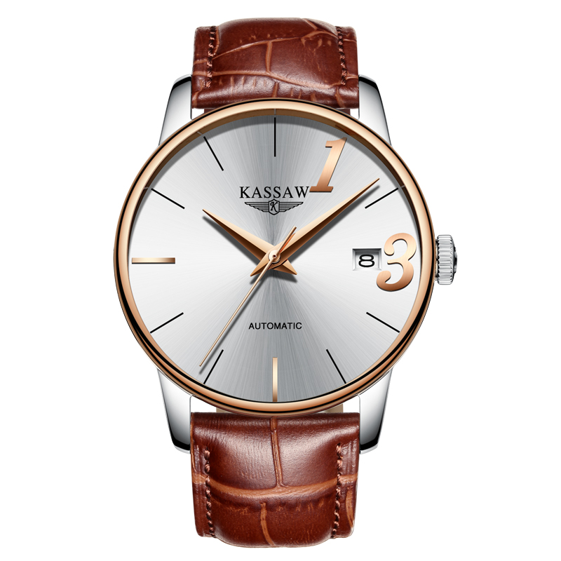 卡梭(KASSAW)手表全自动机械表情侣表防水时尚商务男表女表情侣手表一对1314 间玫白面皮带男表