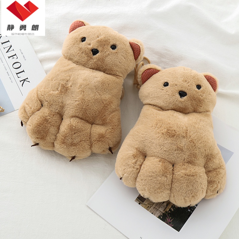 少女心软妹 秋冬季可爱卡通小熊加绒加厚毛绒绒毛茸茸保暖手套ins